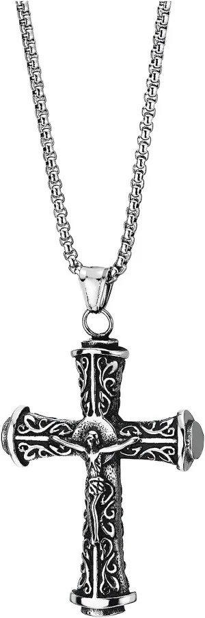 COOLSTEELANDBEYOND Filigree Crucifix Cross Jesus Christ Pendant Necklace for Men, Stainless Steel Vintage 30 Inch Chain