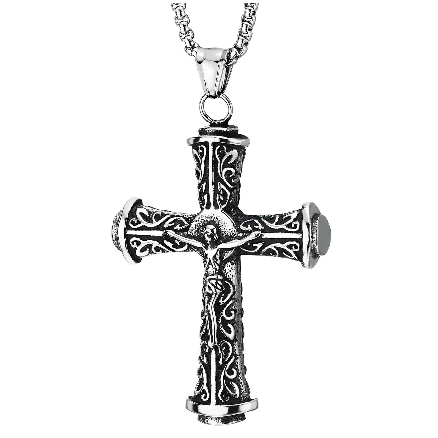 COOLSTEELANDBEYOND Filigree Crucifix Cross Jesus Christ Pendant Necklace for Men, Stainless Steel Vintage 30 Inch Chain