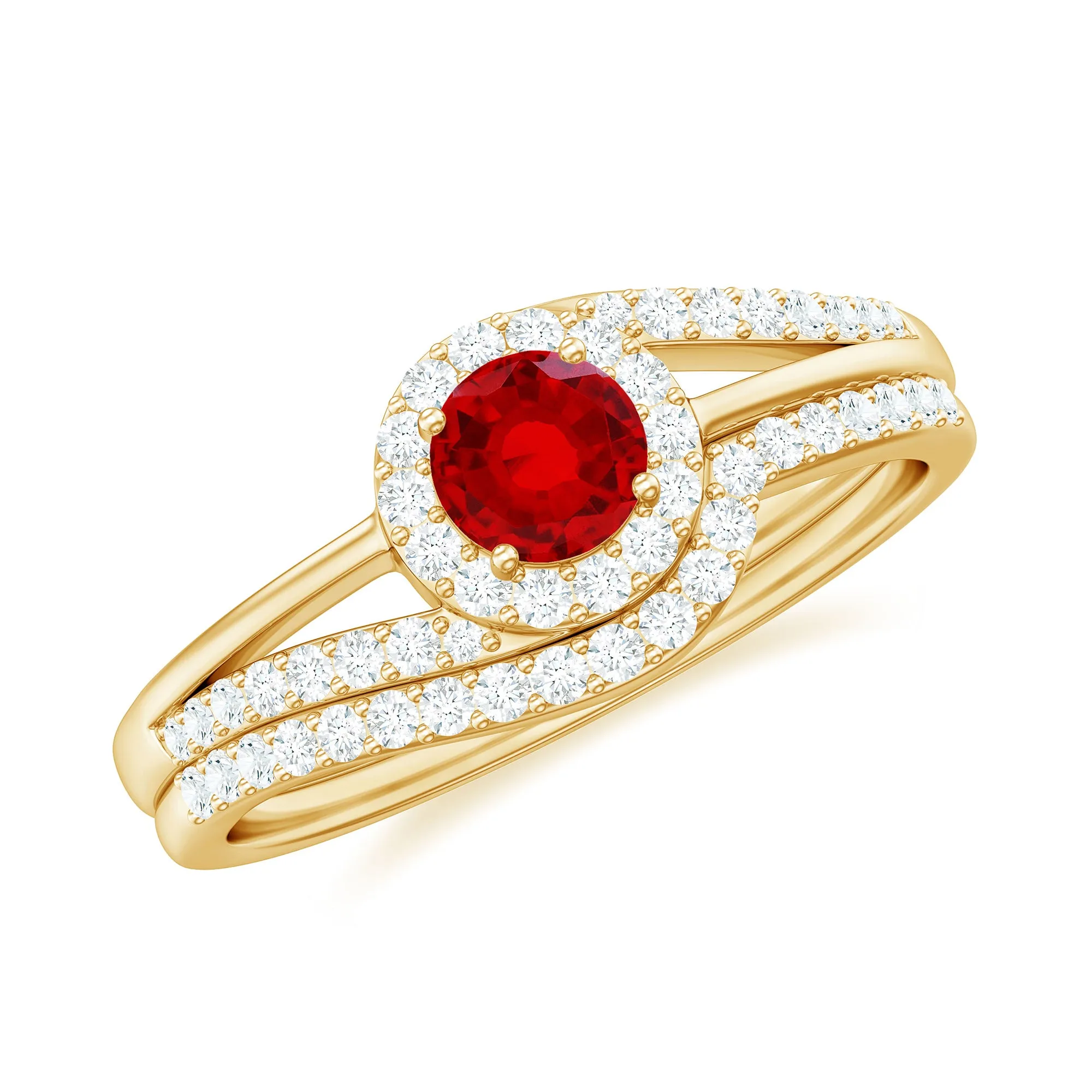 Created Ruby Bypass Wedding Ring Set with Diamond Accent