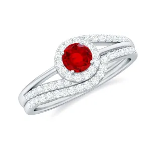 Created Ruby Bypass Wedding Ring Set with Diamond Accent