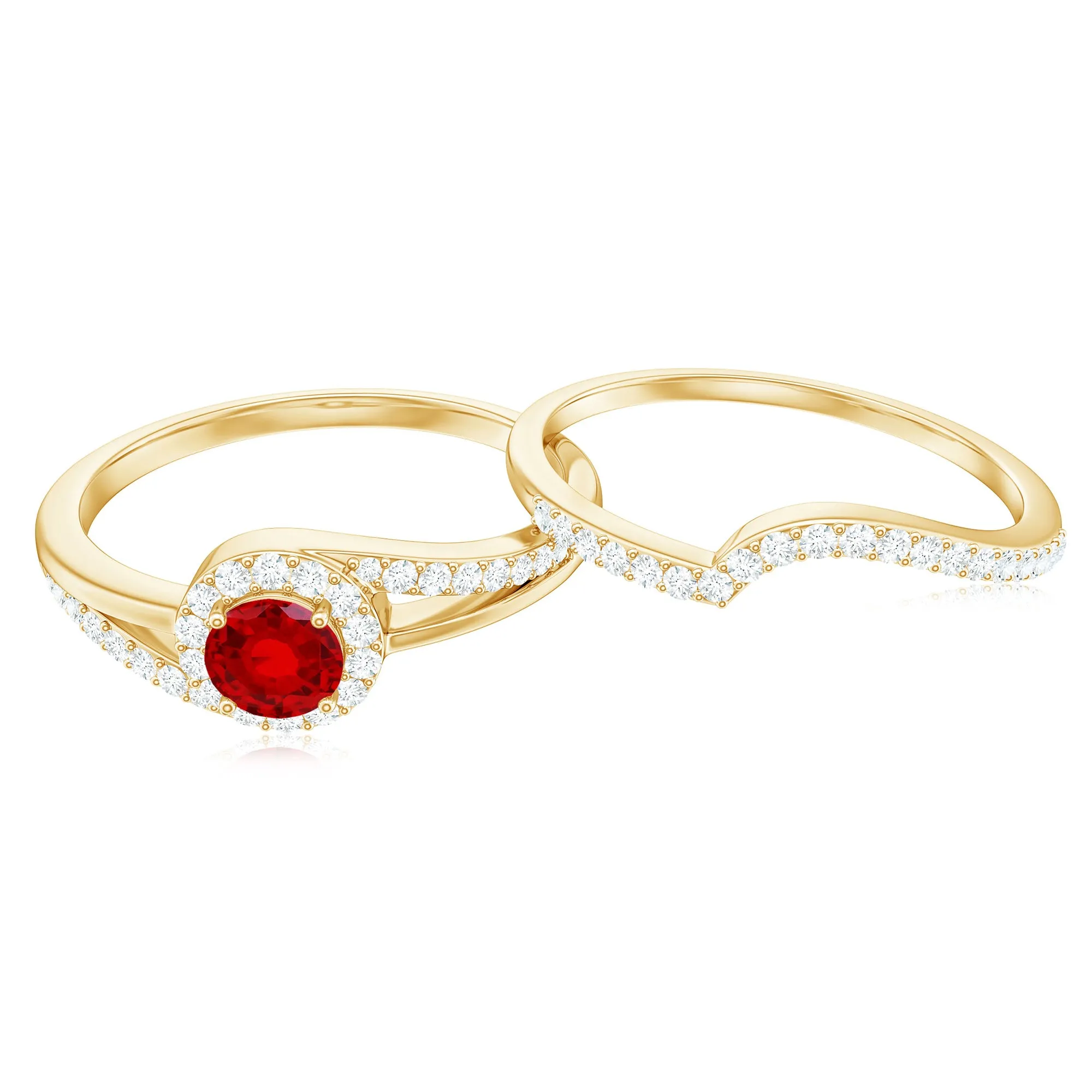 Created Ruby Bypass Wedding Ring Set with Diamond Accent