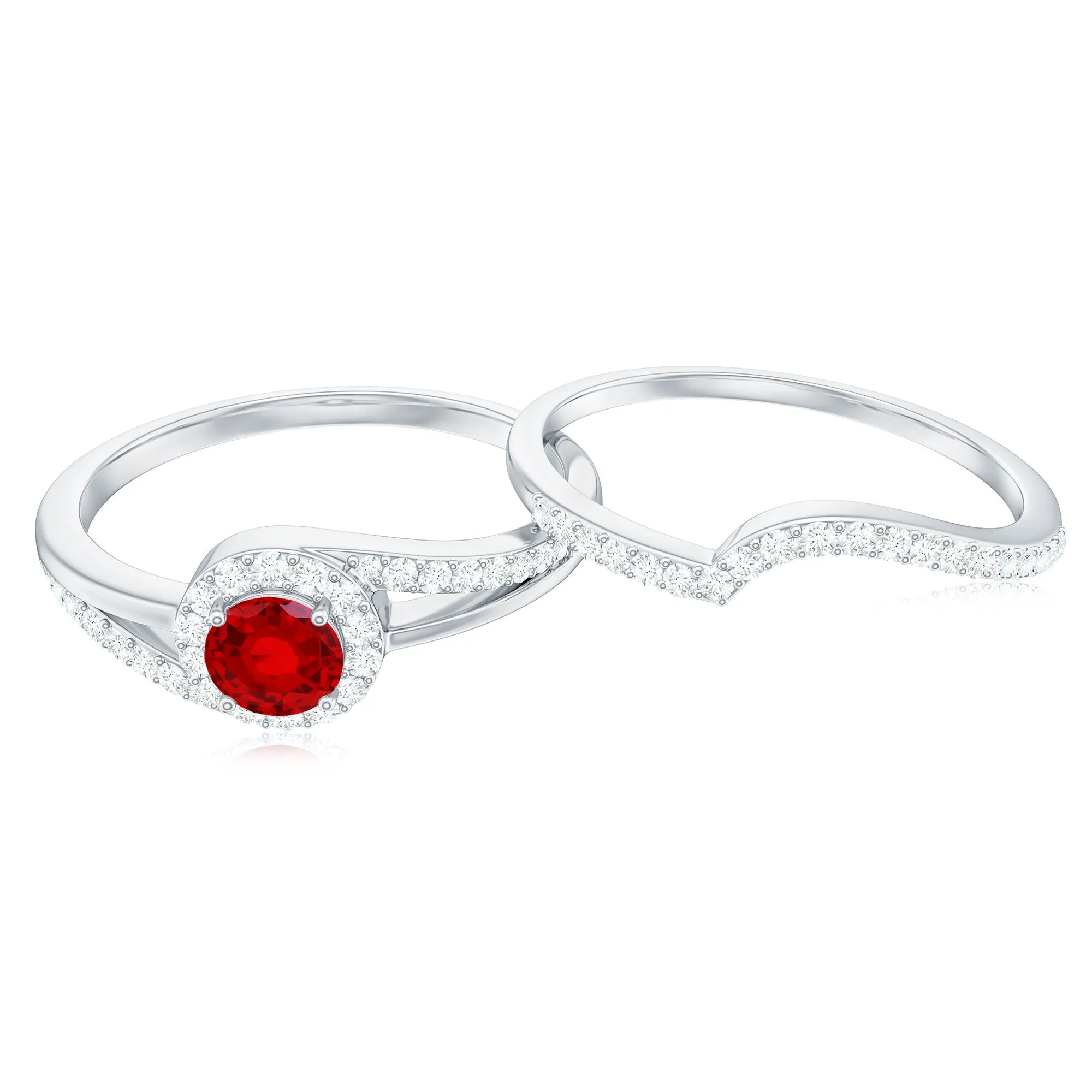 Created Ruby Bypass Wedding Ring Set with Diamond Accent