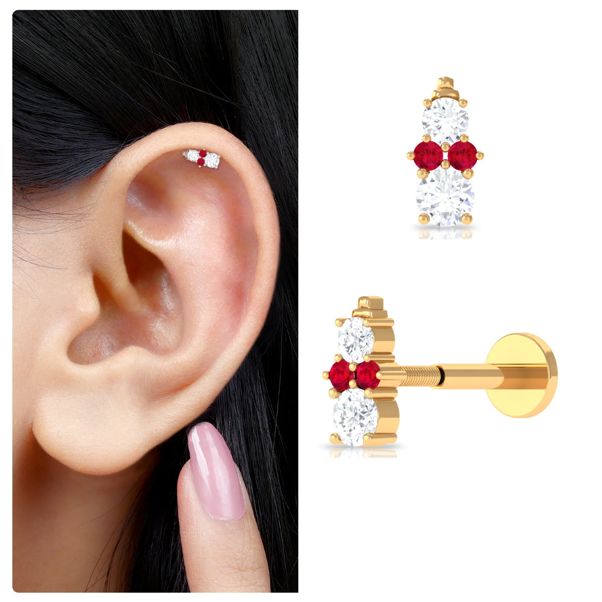 Cute Snowman Tragus Earring with Created Ruby and Moissanite