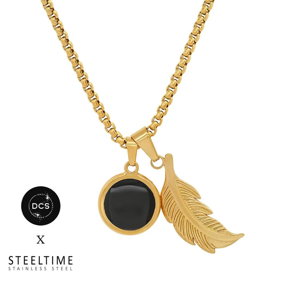 DCS x SteeltimeNYC Feather   Round Simulated Onyx Double Pendant Necklace