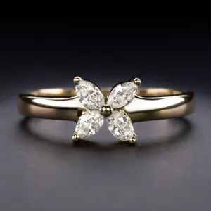 DIAMOND FLOWER RING 1/2 CARAT MARQUISE CUT CLUSTER 14k YELLOW GOLD NATURAL 0.5ct