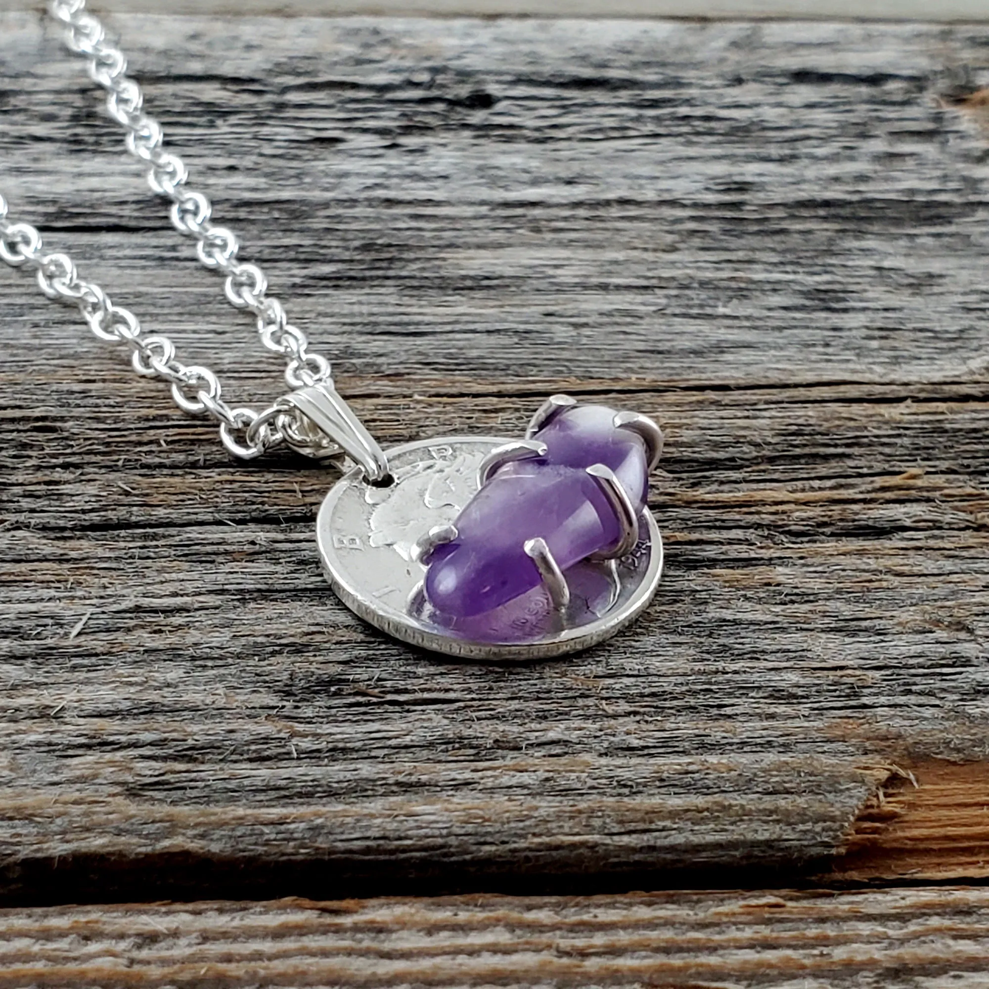 Dog Tooth Amethyst Mercury Dime Necklace