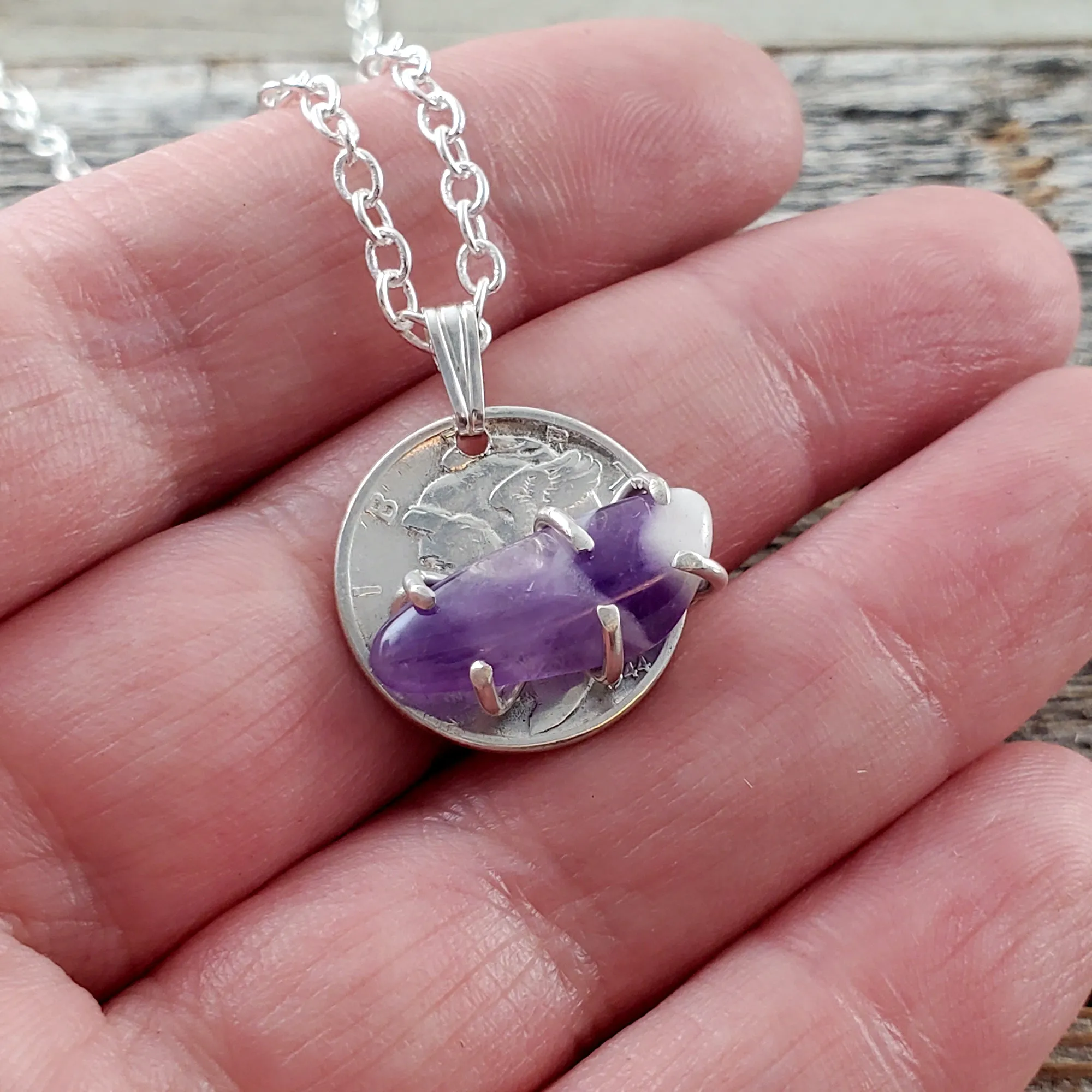 Dog Tooth Amethyst Mercury Dime Necklace