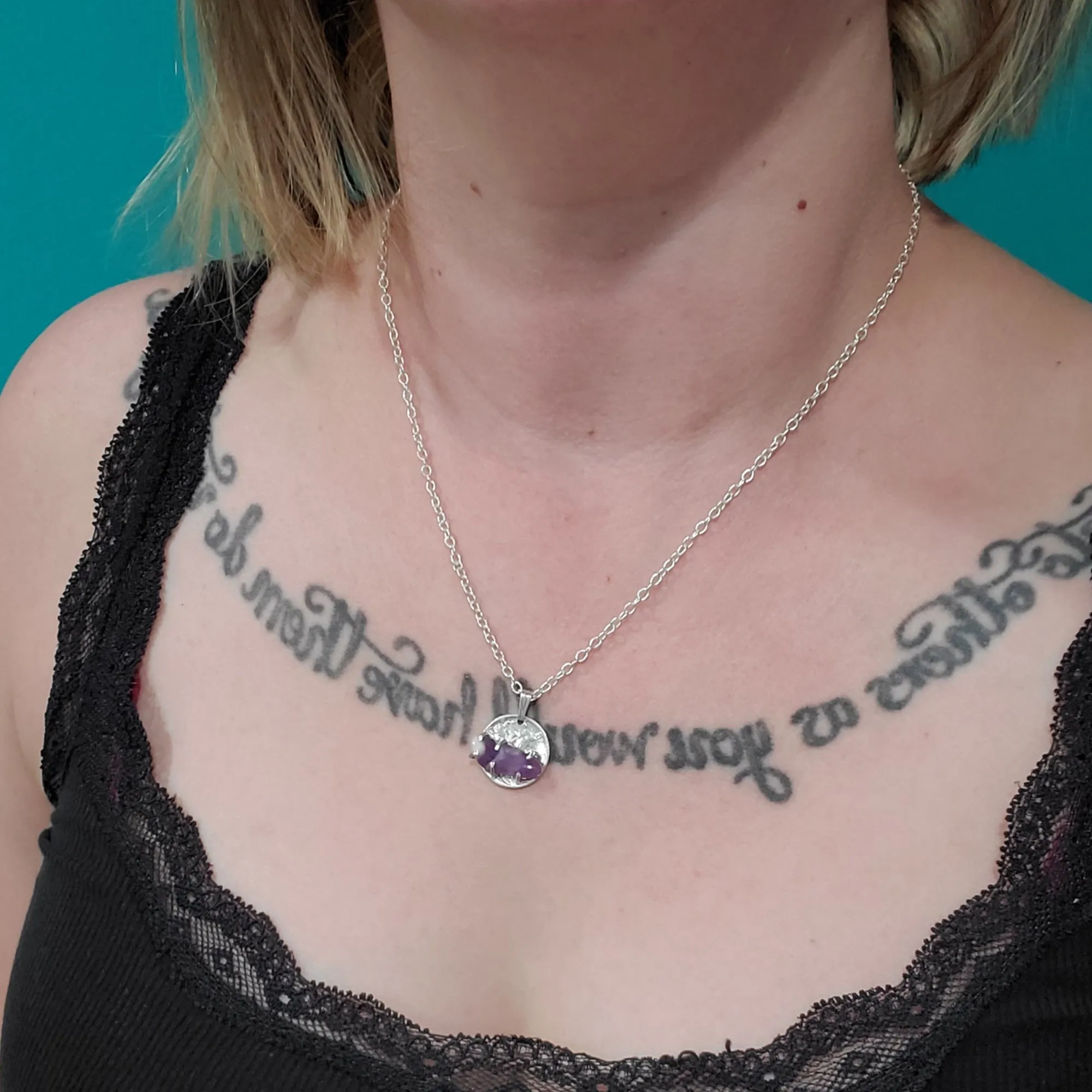 Dog Tooth Amethyst Mercury Dime Necklace