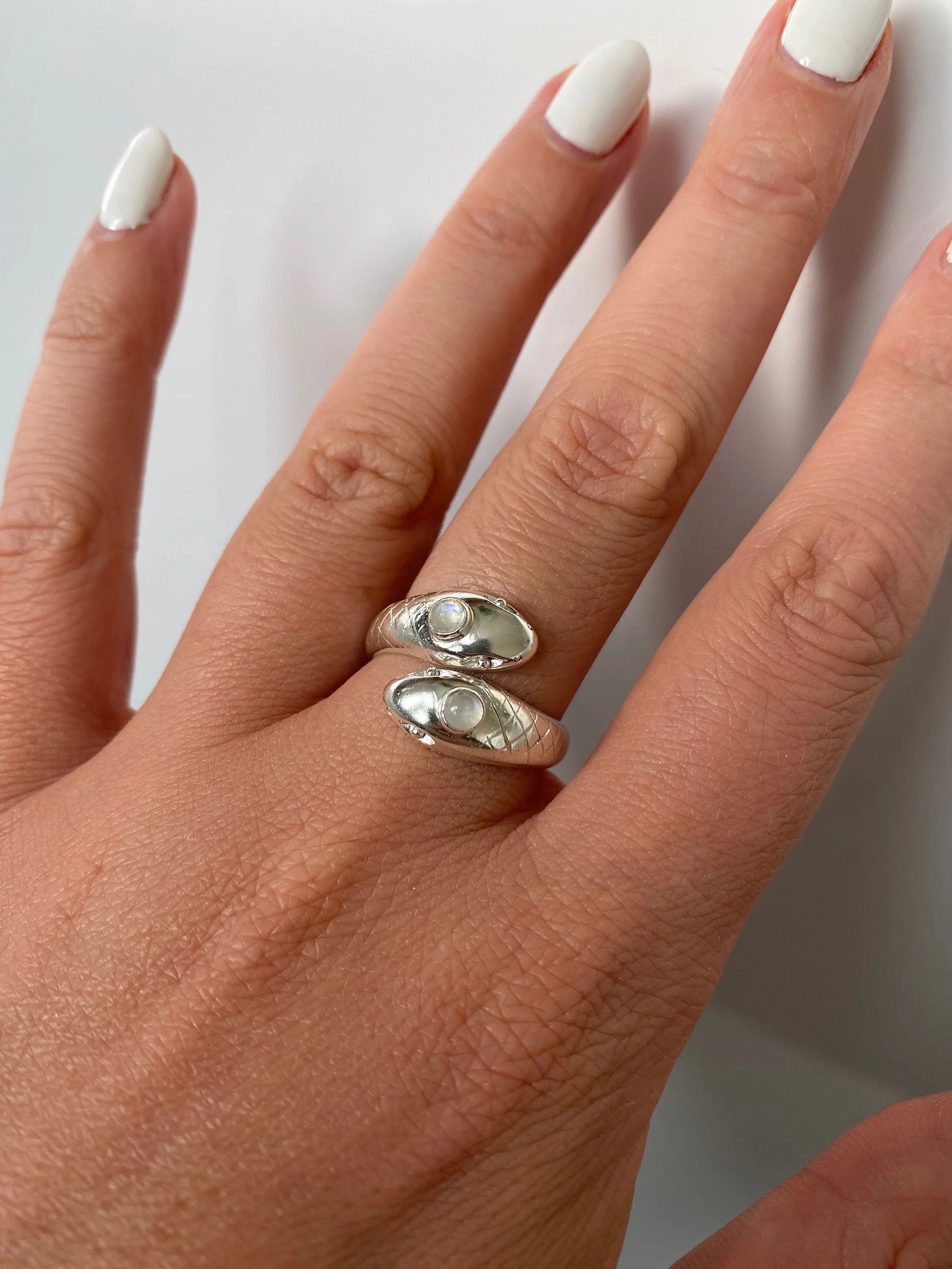 Double Headed Serpent Sterling Silver Rainbow Moonstone Ring