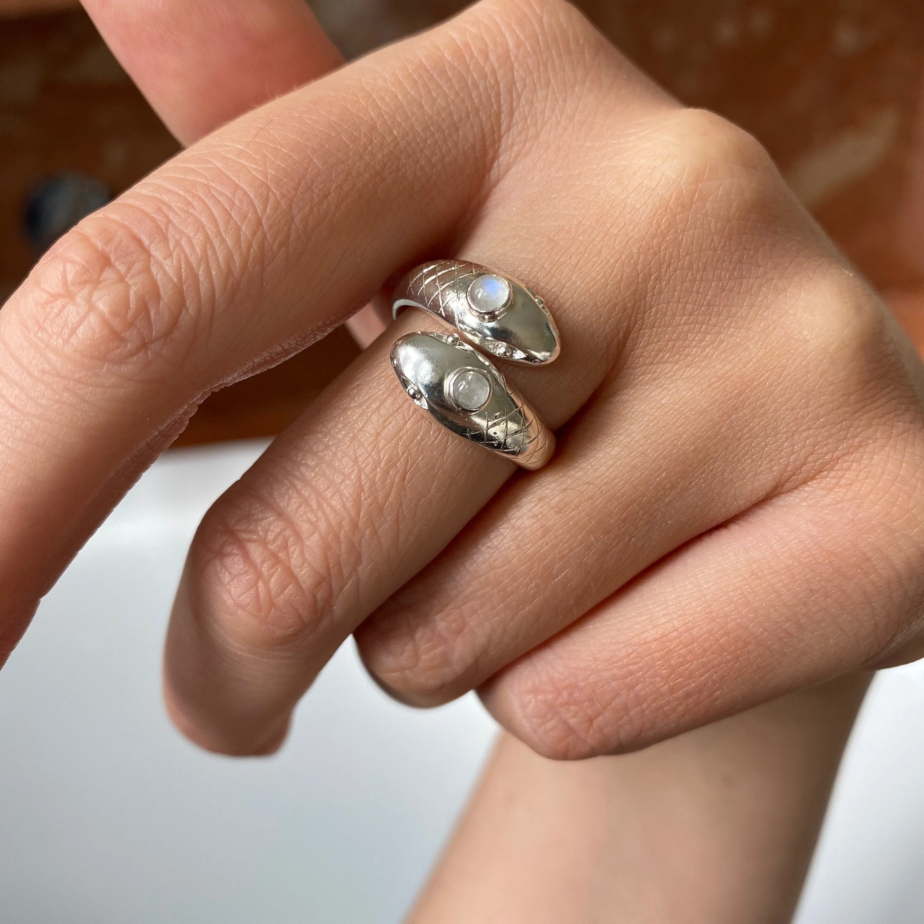 Double Headed Serpent Sterling Silver Rainbow Moonstone Ring