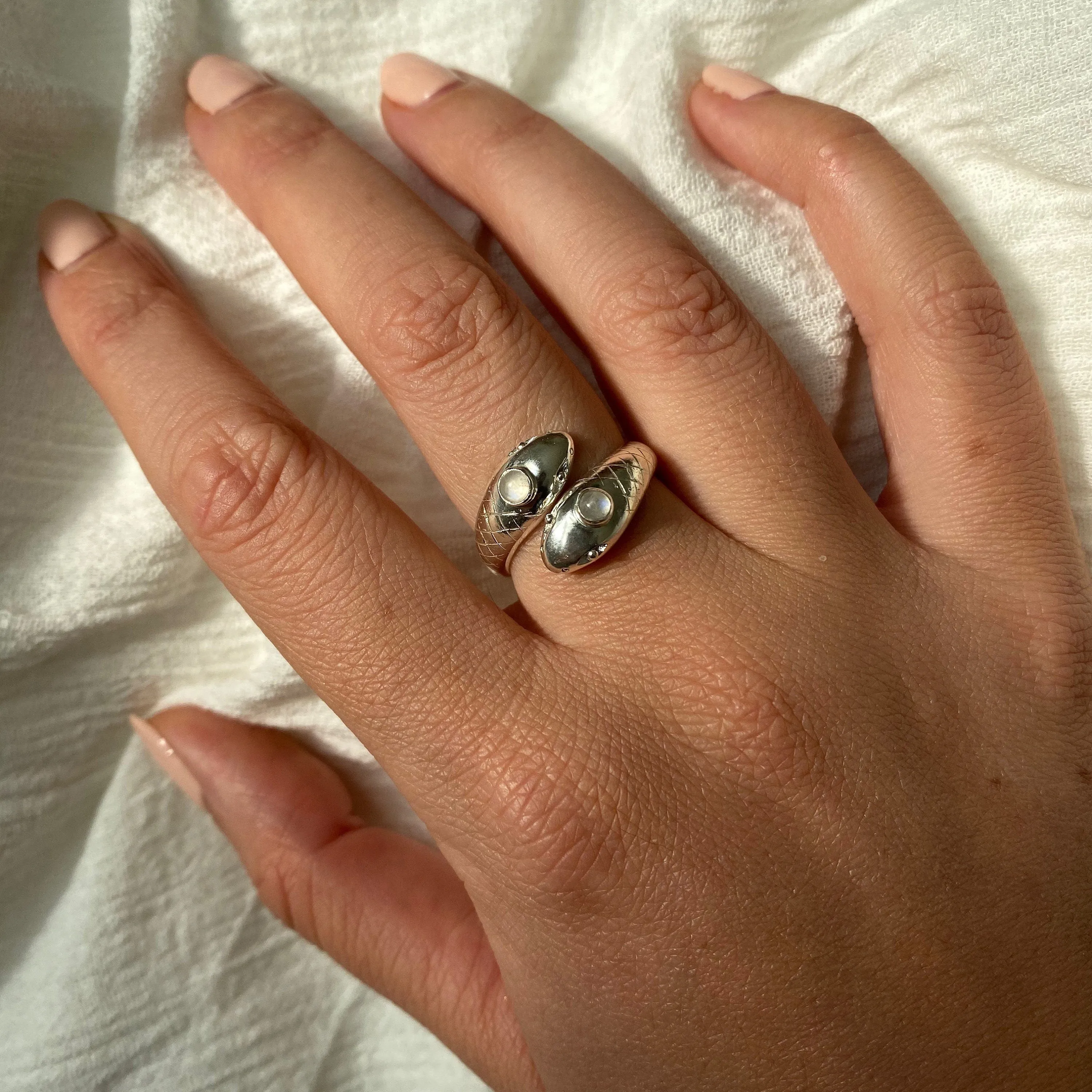 Double Headed Serpent Sterling Silver Rainbow Moonstone Ring