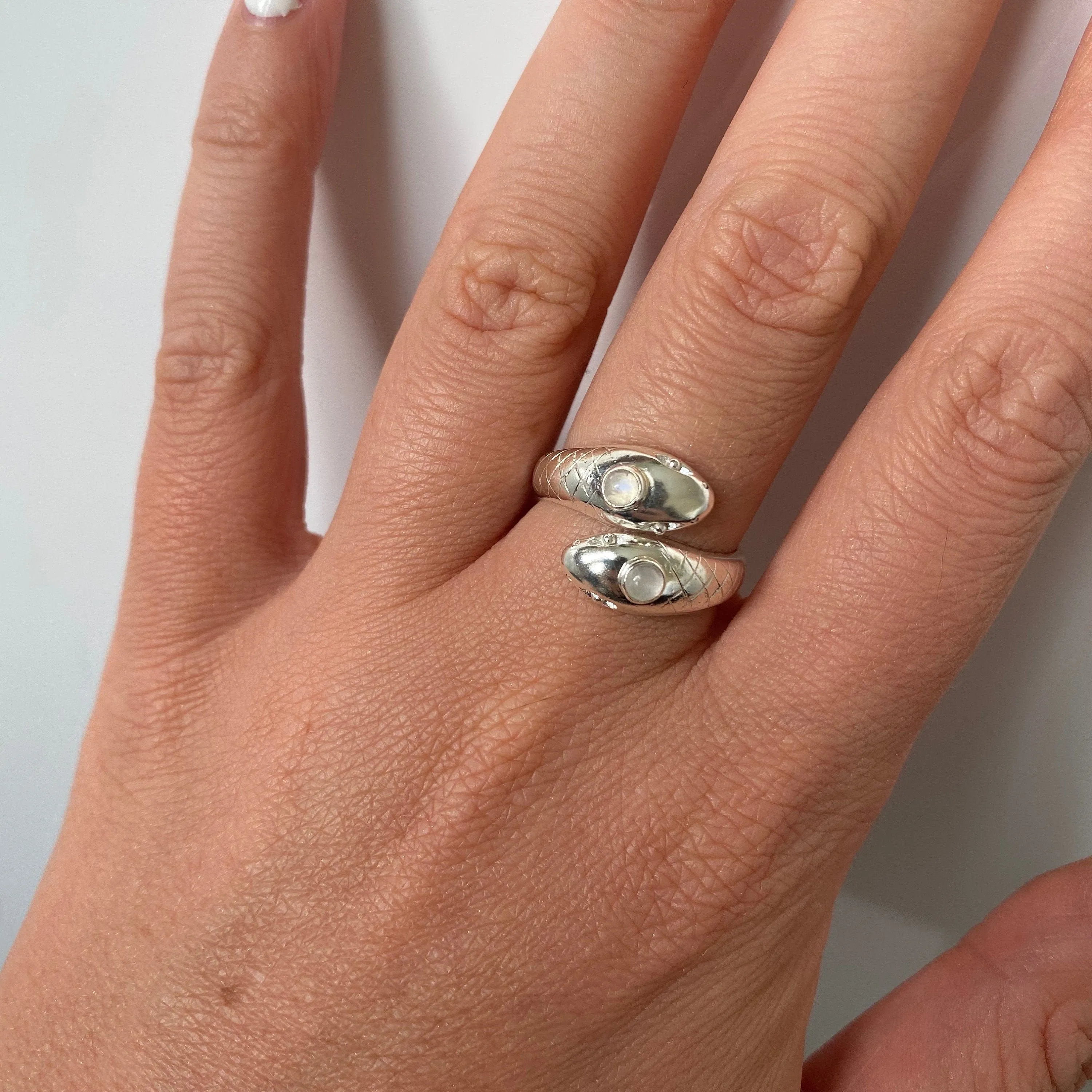 Double Headed Serpent Sterling Silver Rainbow Moonstone Ring