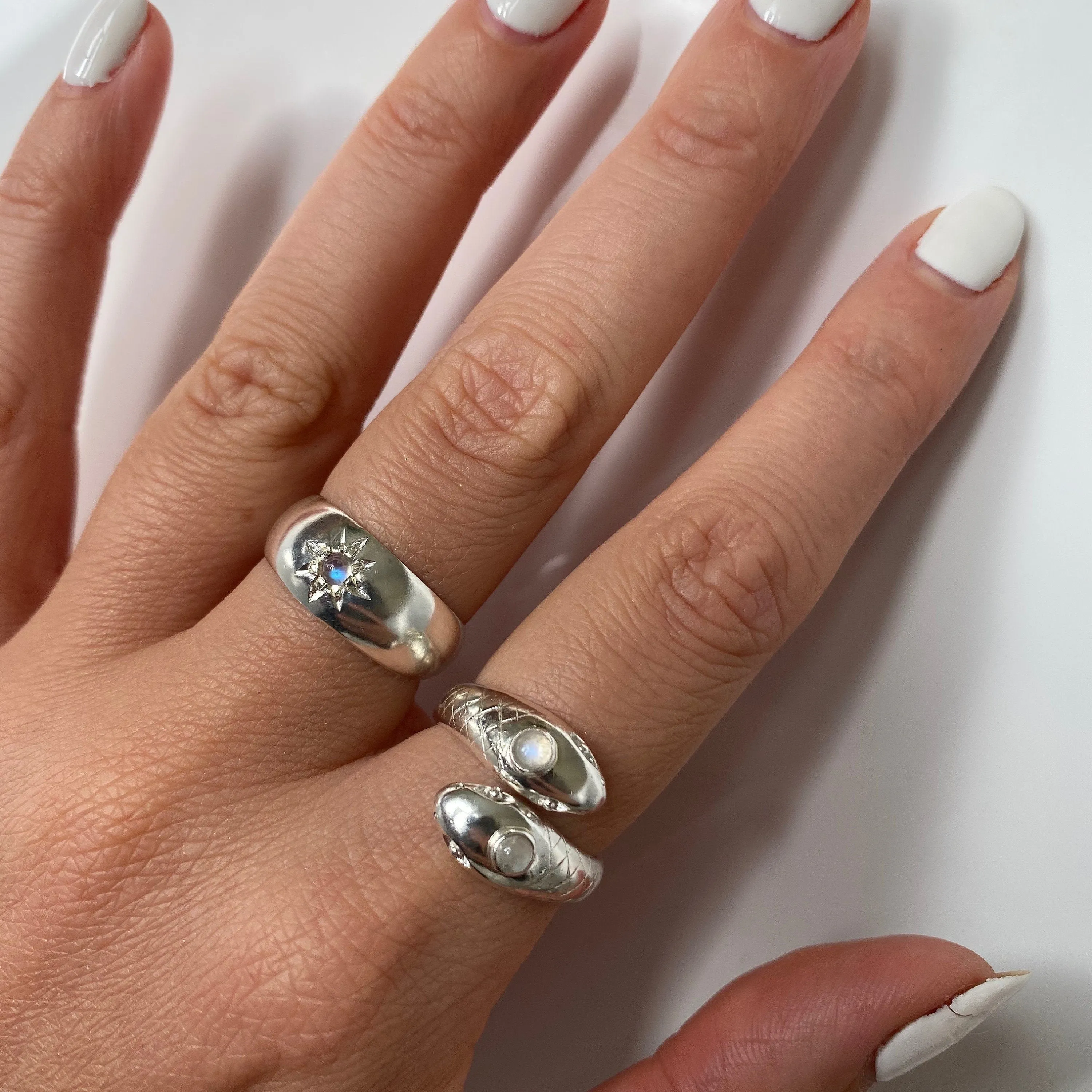 Double Headed Serpent Sterling Silver Rainbow Moonstone Ring
