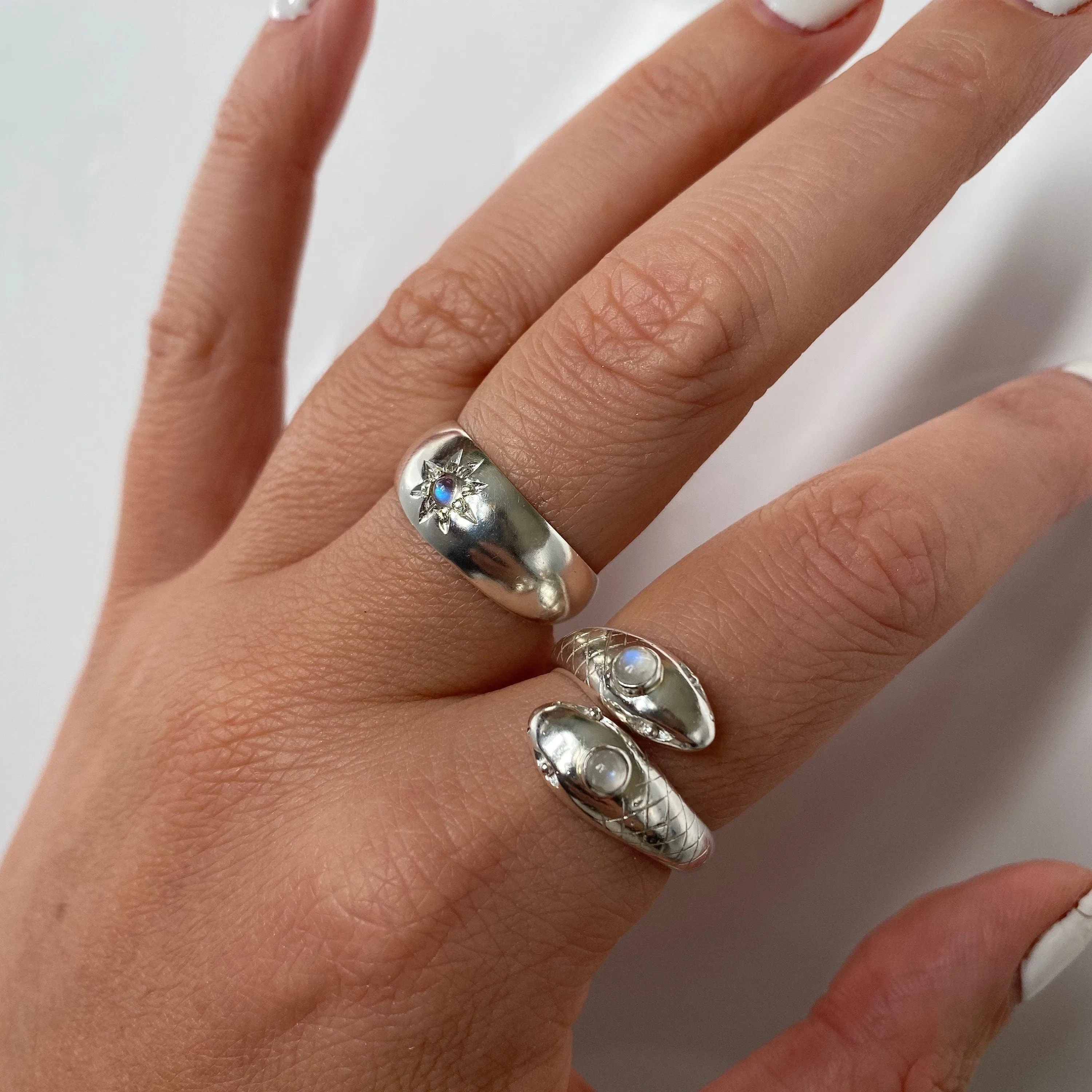 Double Headed Serpent Sterling Silver Rainbow Moonstone Ring