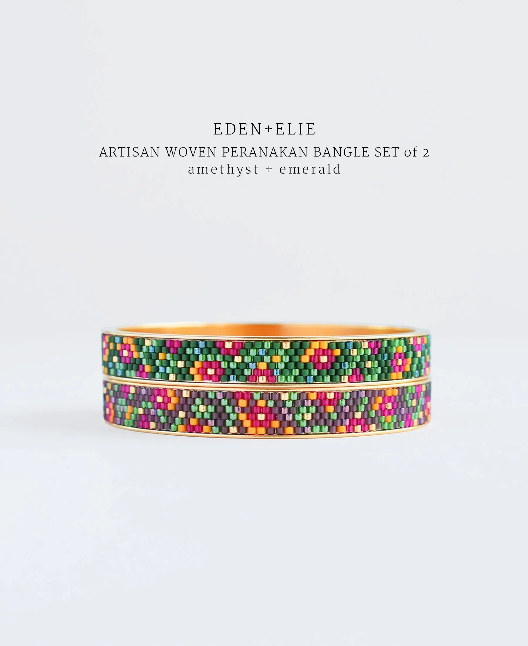 EDEN   ELIE Modern Peranakan gold narrow bangles set of 2 - emerald   amethyst