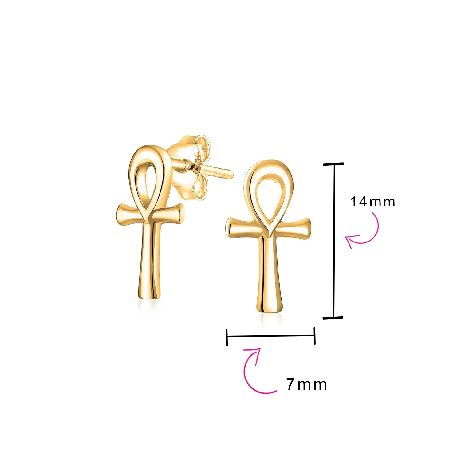 Egyptian Ankh Cross Religious Drop Stud Earrings Rose Gold .925 Silver