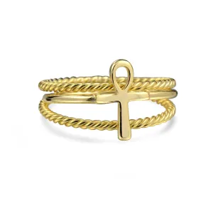 Egyptian Ankh Cross Religious Drop Stud Earrings Rose Gold .925 Silver
