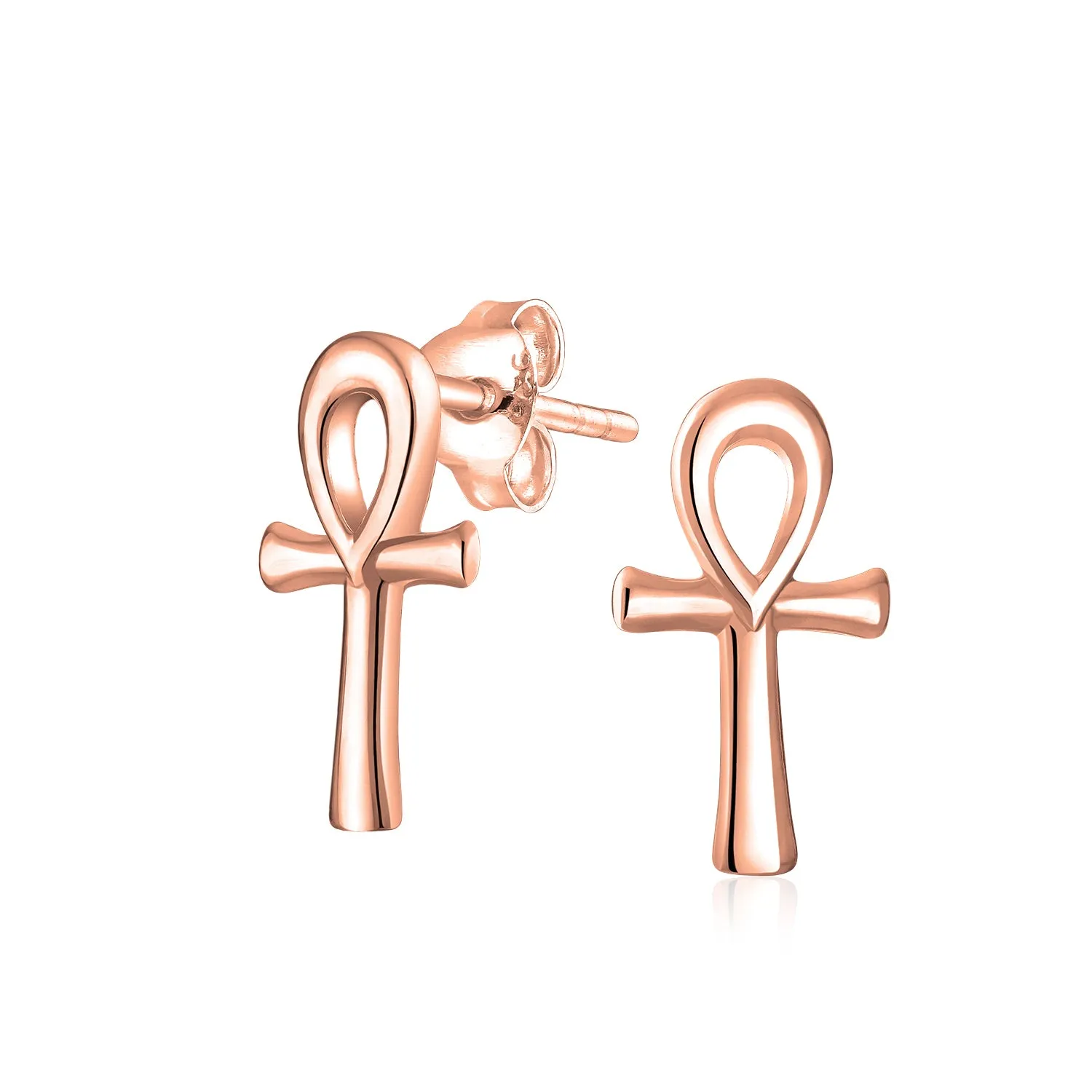 Egyptian Ankh Cross Religious Drop Stud Earrings Rose Gold .925 Silver