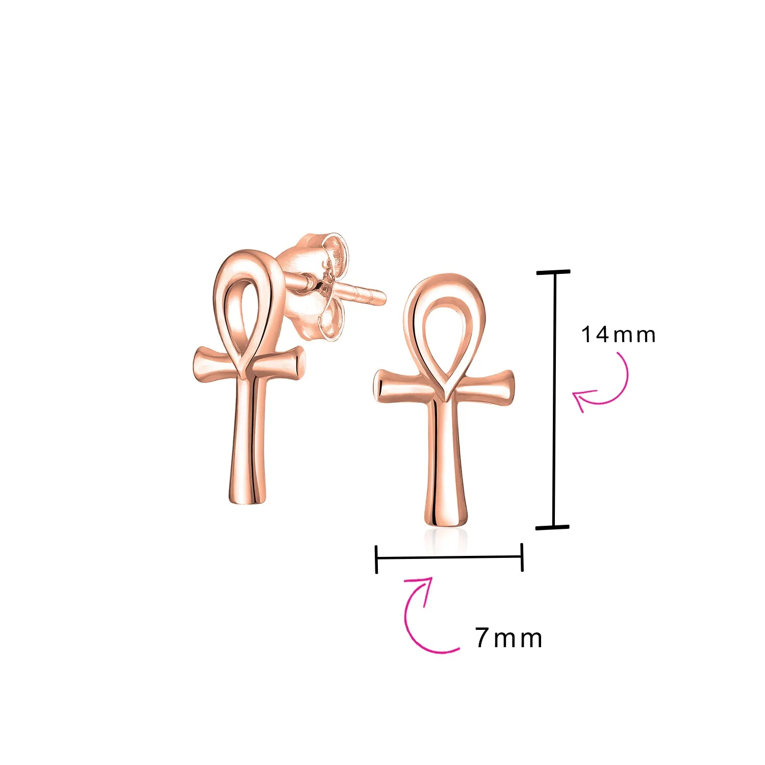 Egyptian Ankh Cross Religious Drop Stud Earrings Rose Gold .925 Silver