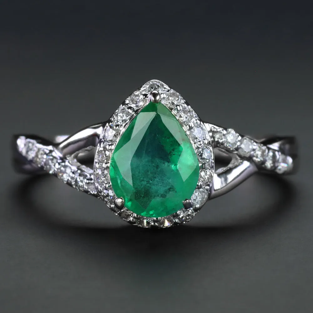 EMERALD DIAMOND COCKTAIL RING HALO 14k WHITE GOLD PEAR SHAPE CUT NATURAL GREEN