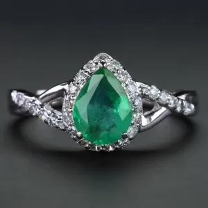 EMERALD DIAMOND COCKTAIL RING HALO 14k WHITE GOLD PEAR SHAPE CUT NATURAL GREEN