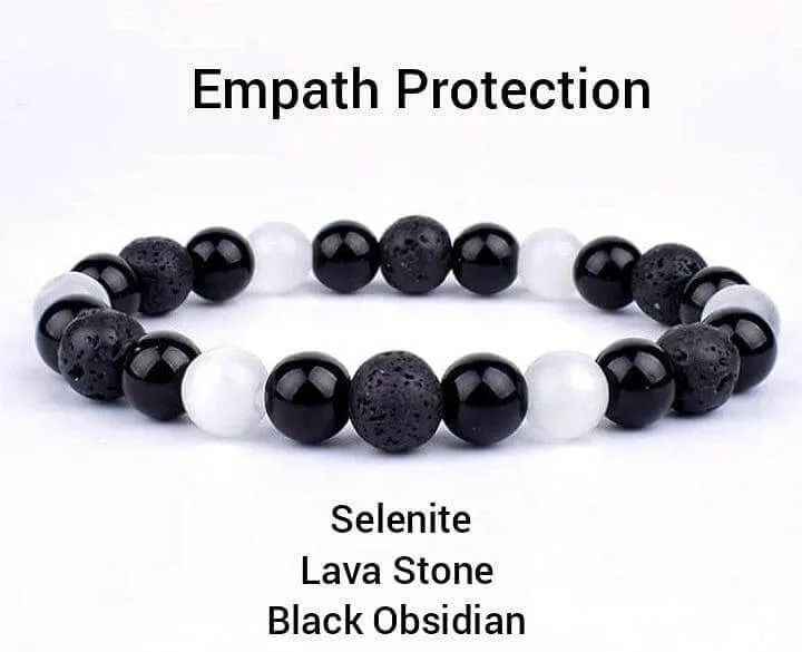 Empath Triple Protection Bracelet 6mm Natural Selenite, Lava Stone, Black Obsidian beads 8 inch