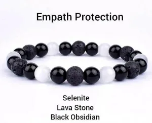 Empath Triple Protection Bracelet 6mm Natural Selenite, Lava Stone, Black Obsidian beads 8 inch