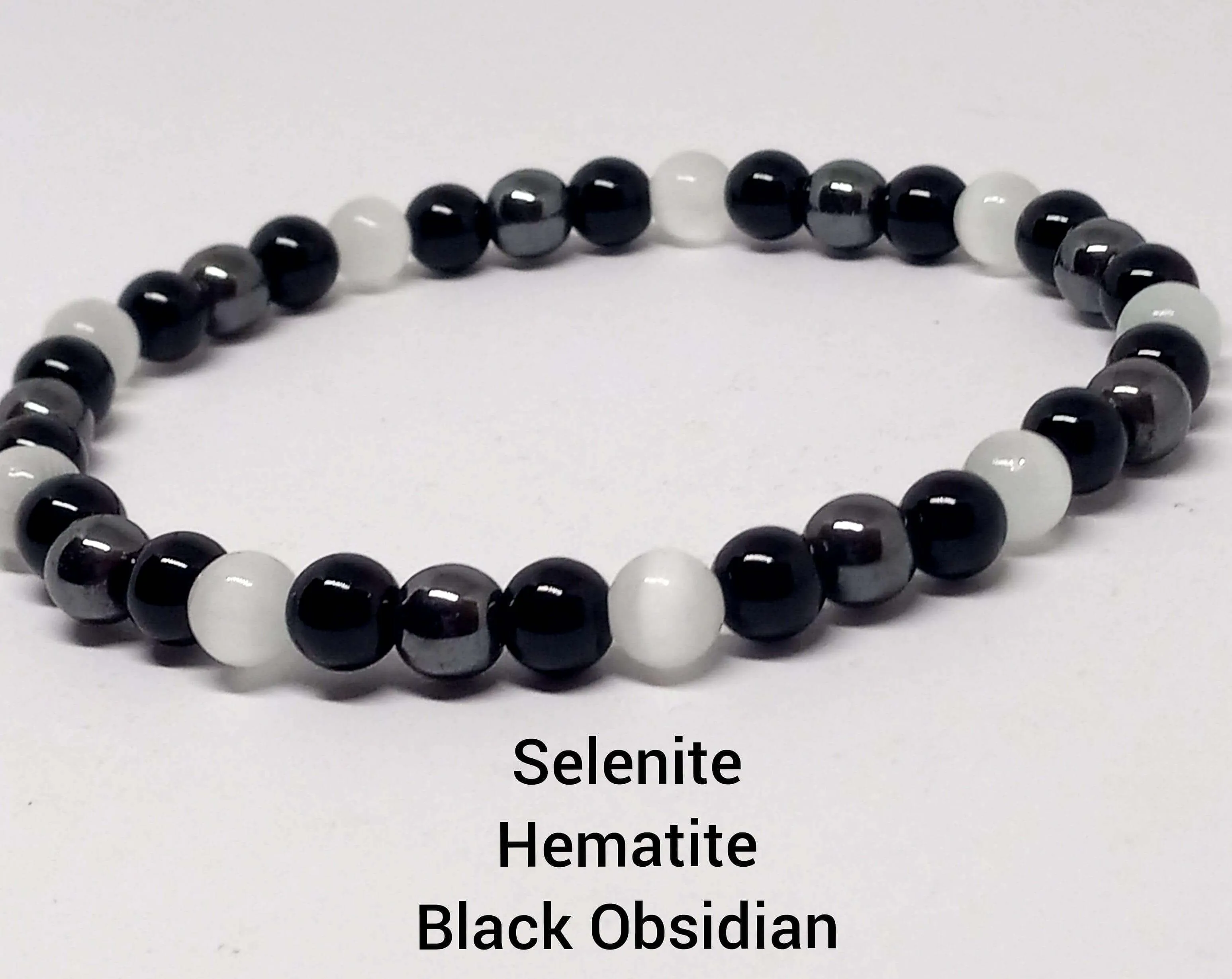Empath Triple Protection Bracelet 6mm Natural Selenite, Lava Stone, Black Obsidian beads 8 inch