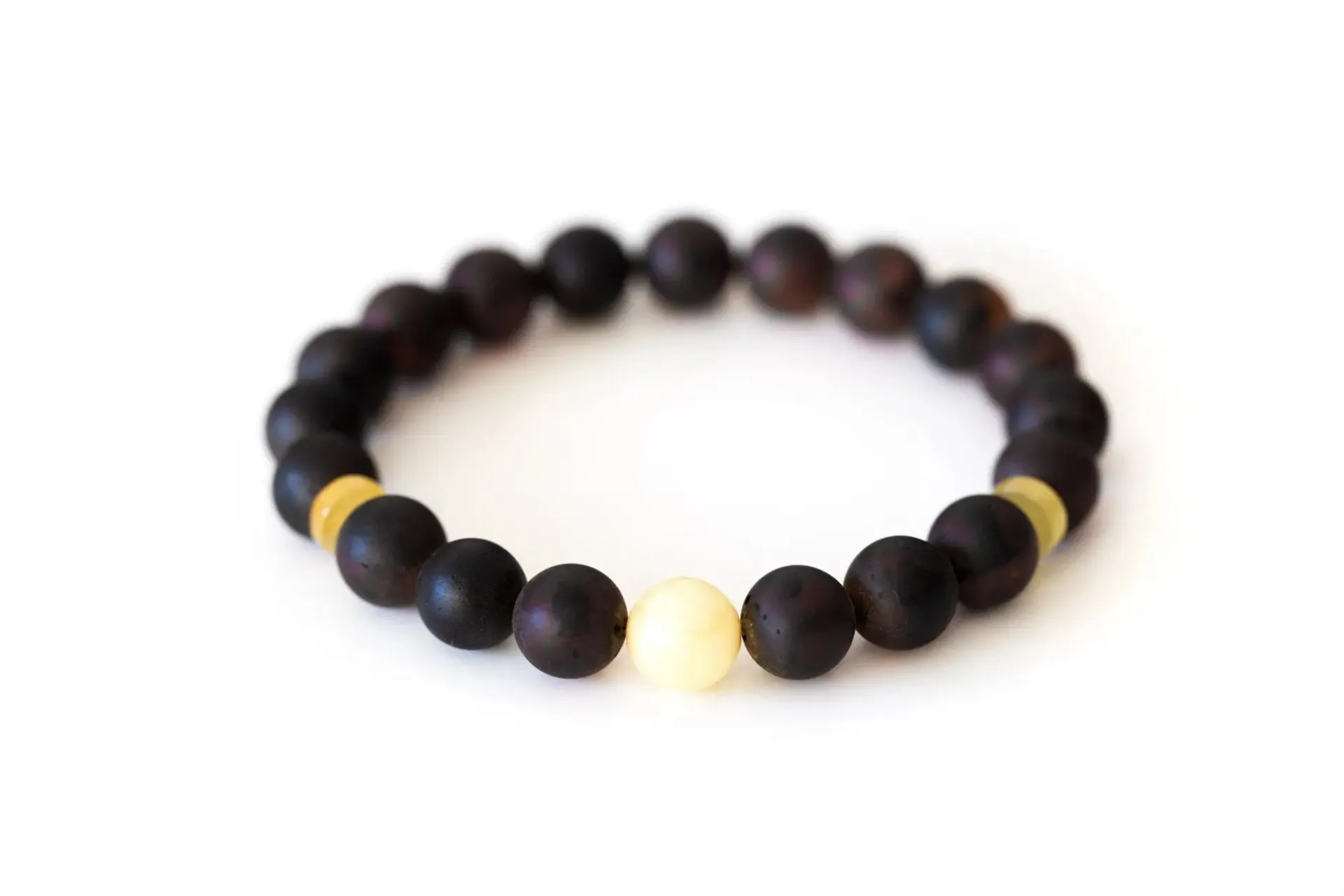 Exquisite Dark Amber Bead Bracelet with Polished Yellow Accents - Handcrafted Baltic Beauty