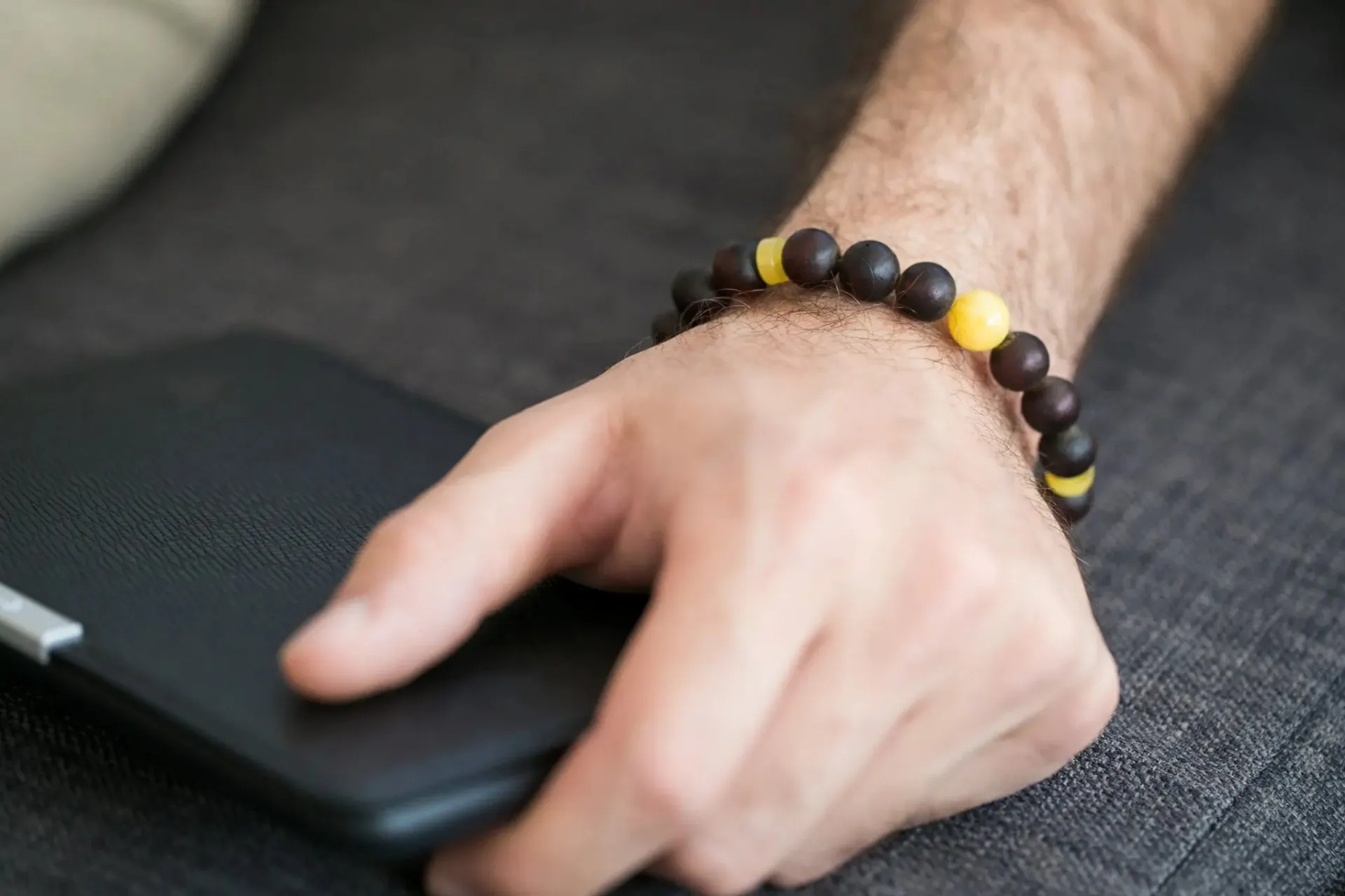 Exquisite Dark Amber Bead Bracelet with Polished Yellow Accents - Handcrafted Baltic Beauty
