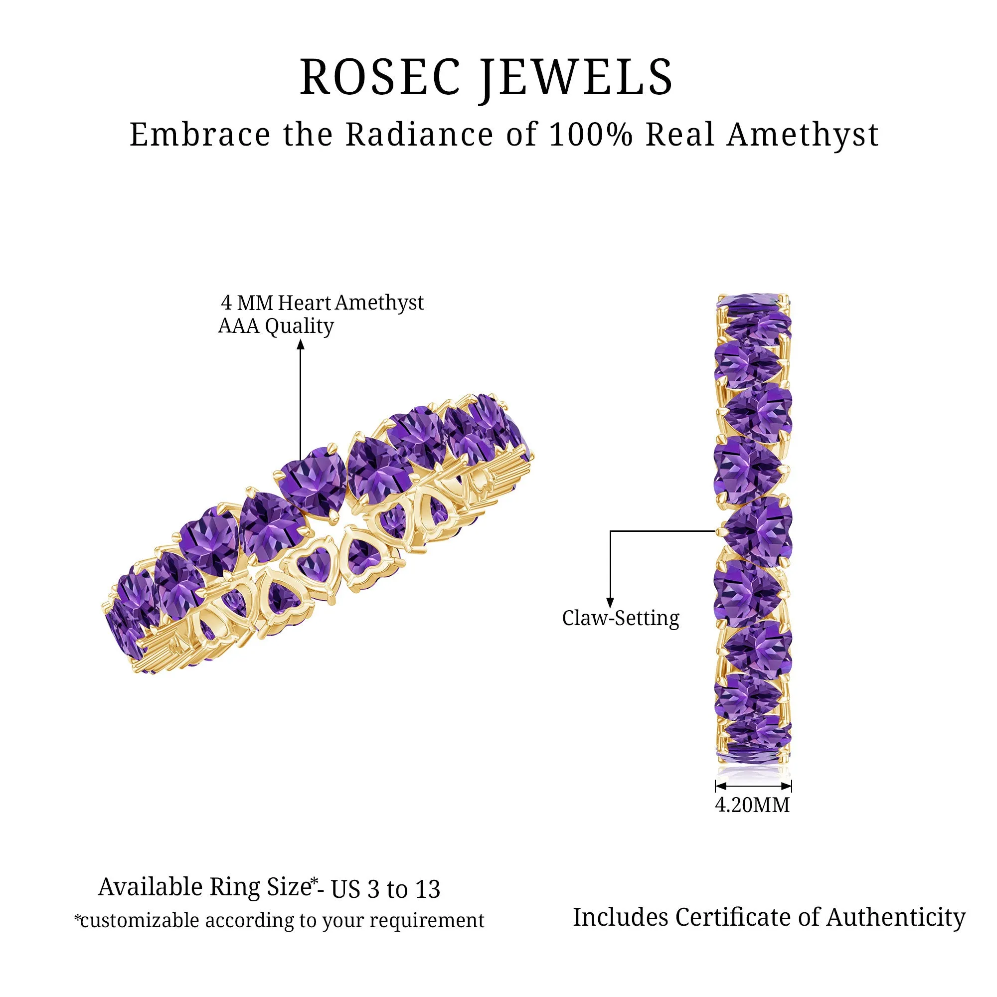 February Birthstone Amethyst Heart Eternity Ring in Gold