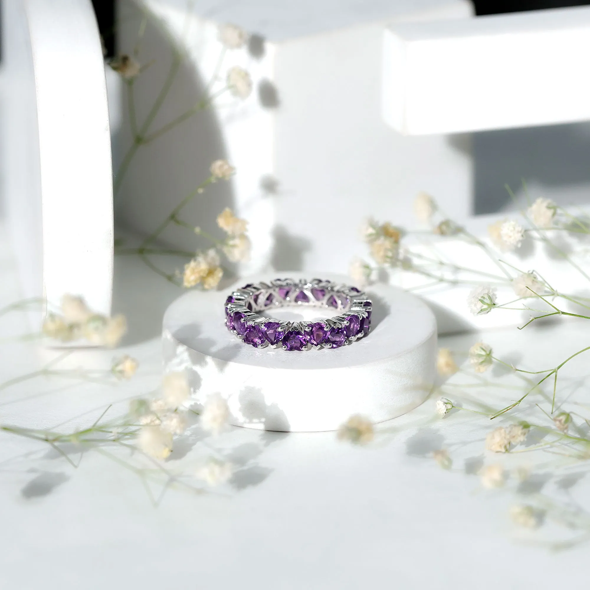 February Birthstone Amethyst Heart Eternity Ring in Gold