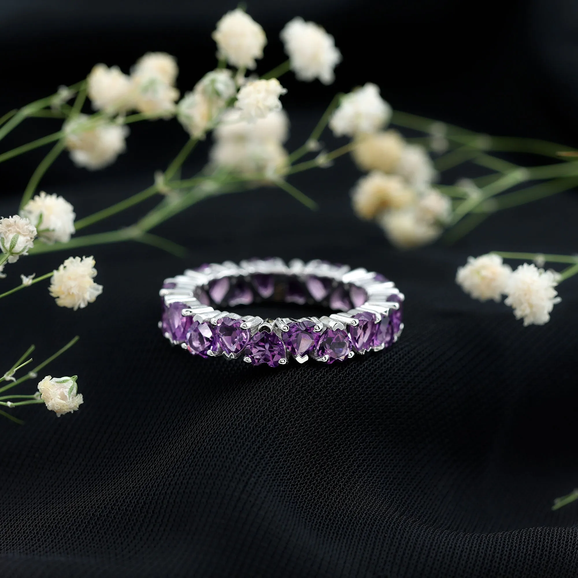February Birthstone Amethyst Heart Eternity Ring in Gold