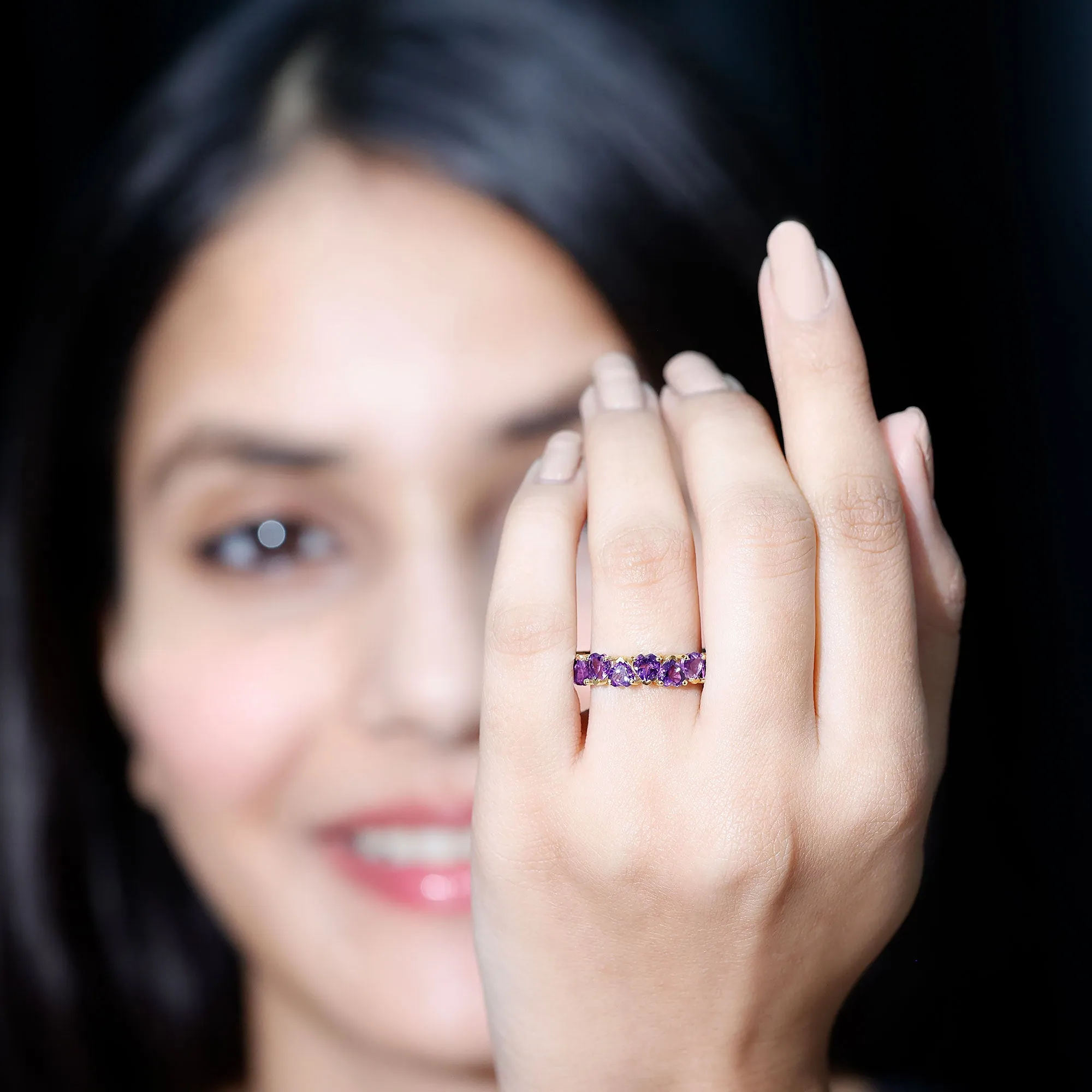 February Birthstone Amethyst Heart Eternity Ring in Gold