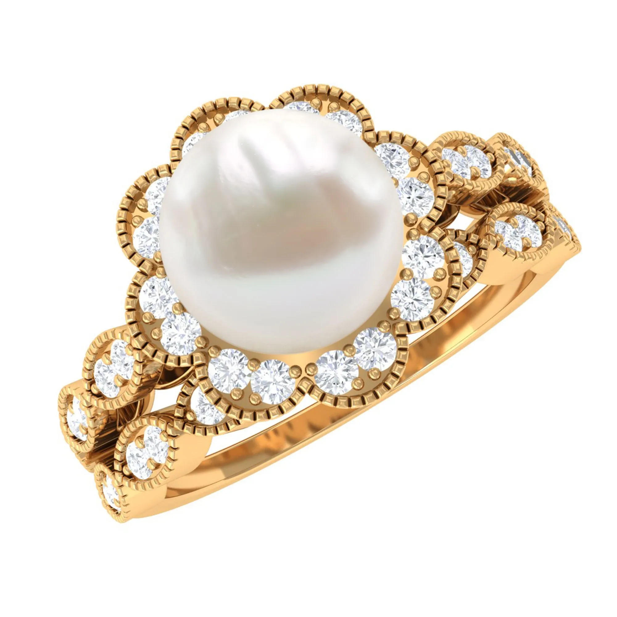 Freshwater Pearl and Diamond Wedding Ring Set