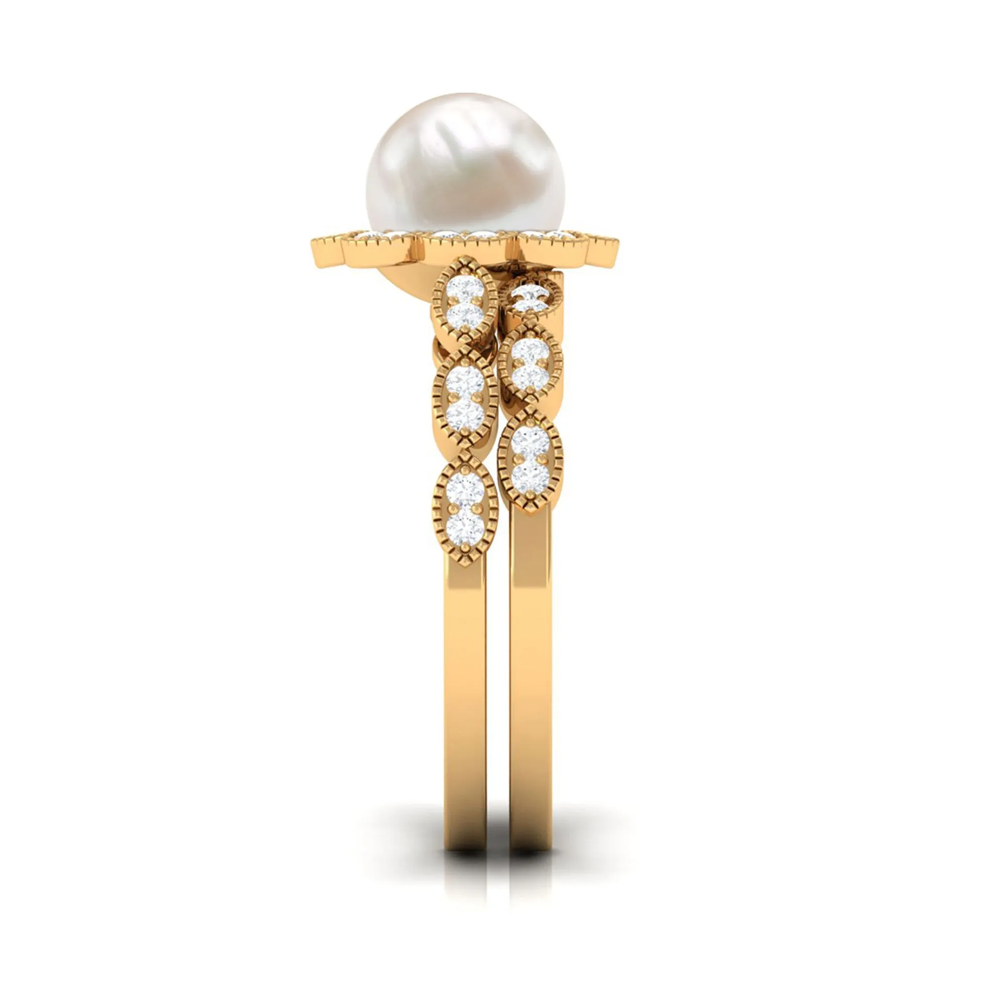 Freshwater Pearl and Diamond Wedding Ring Set