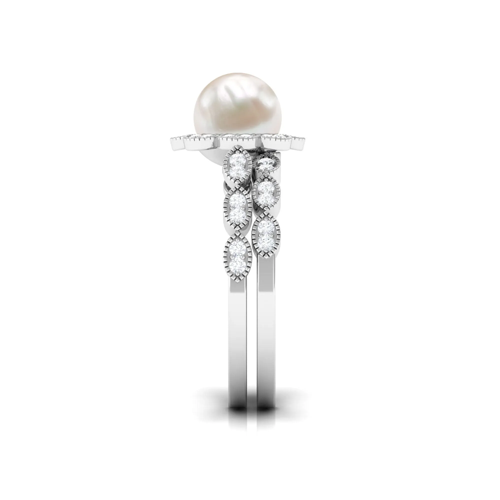 Freshwater Pearl and Diamond Wedding Ring Set