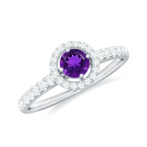 Genuine Amethyst and Diamond Halo Engagement Ring
