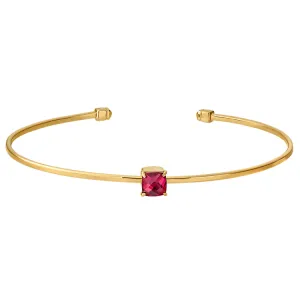 Gold Finish Sterling Silver Pliable Cuff Bracelet with Faceted Cushion Cut Simulated Ruby Birth Gem - July