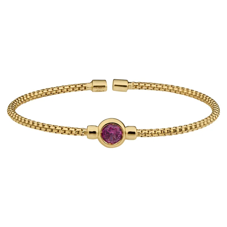 Gold Finish Sterling Silver Rounded Box Link Cuff Bracelet with Bezel Set Simulated Ruby Birth Gem