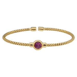 Gold Finish Sterling Silver Rounded Box Link Cuff Bracelet with Bezel Set Simulated Ruby Birth Gem