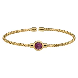 Gold Finish Sterling Silver Rounded Box Link Cuff Bracelet with Bezel Set Simulated Ruby Birth Gem