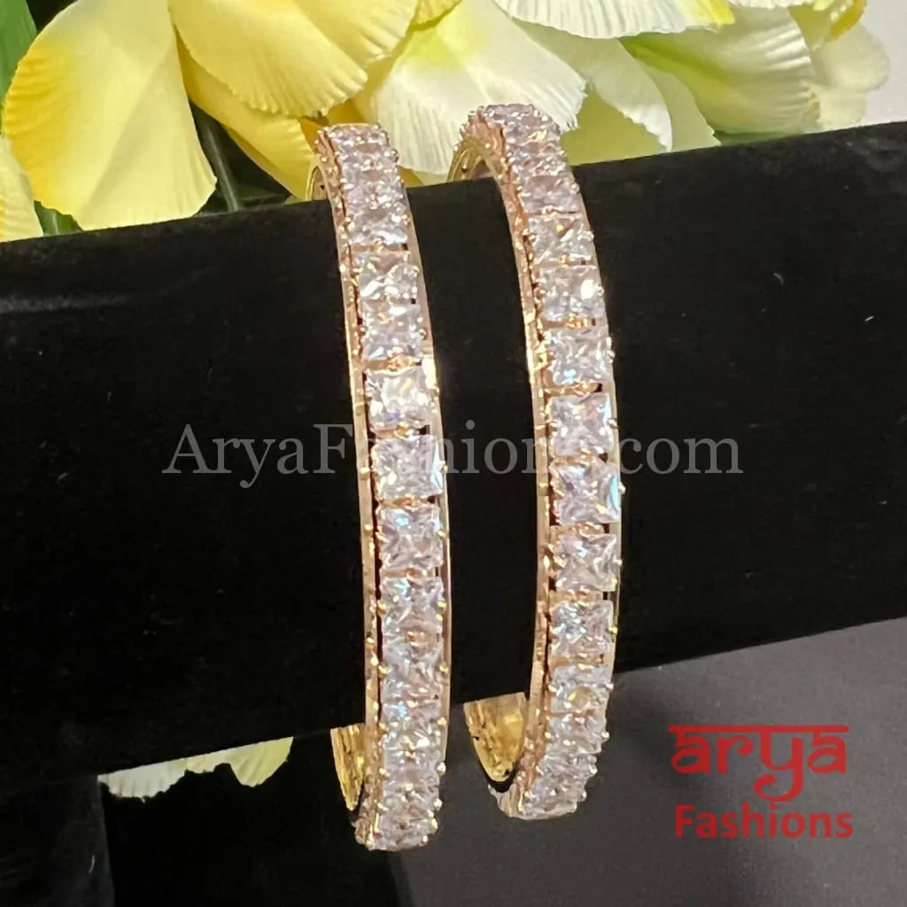 Golden Square CZ Stone Bangles, Pair of 2