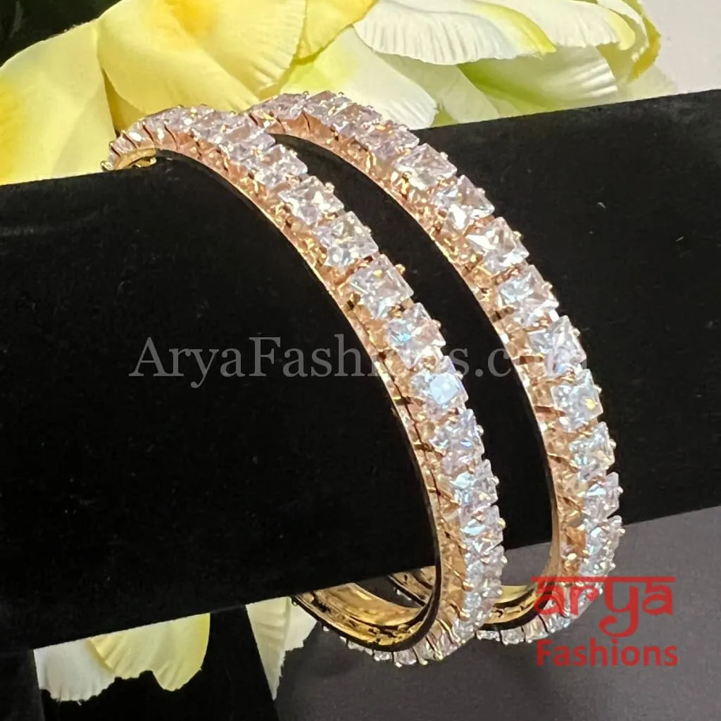 Golden Square CZ Stone Bangles, Pair of 2