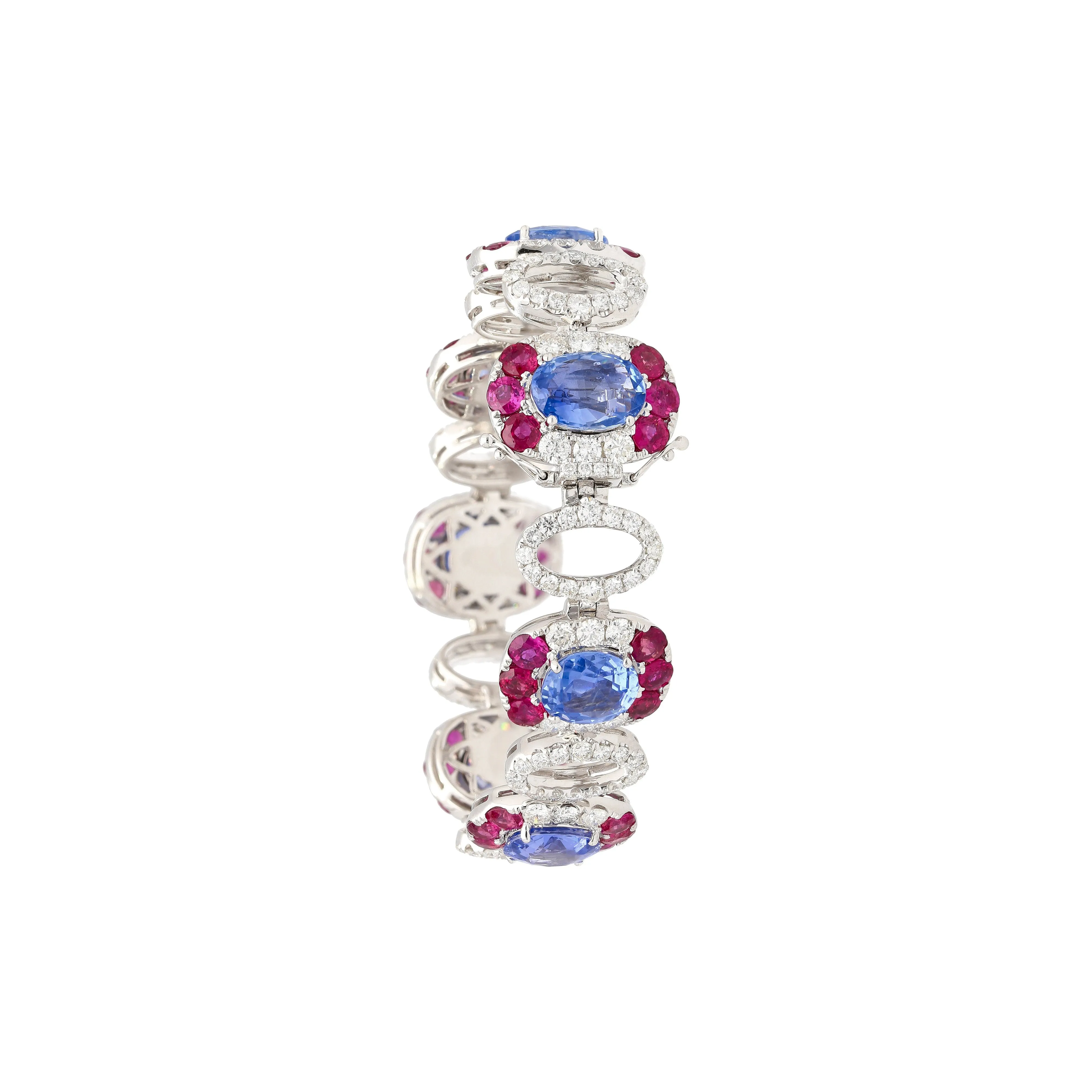 GRS Certified 41.17 CTTW Sri Lanka No Heat Blue Sapphire Bracelet with Diamond & Ruby in 18K White Gold