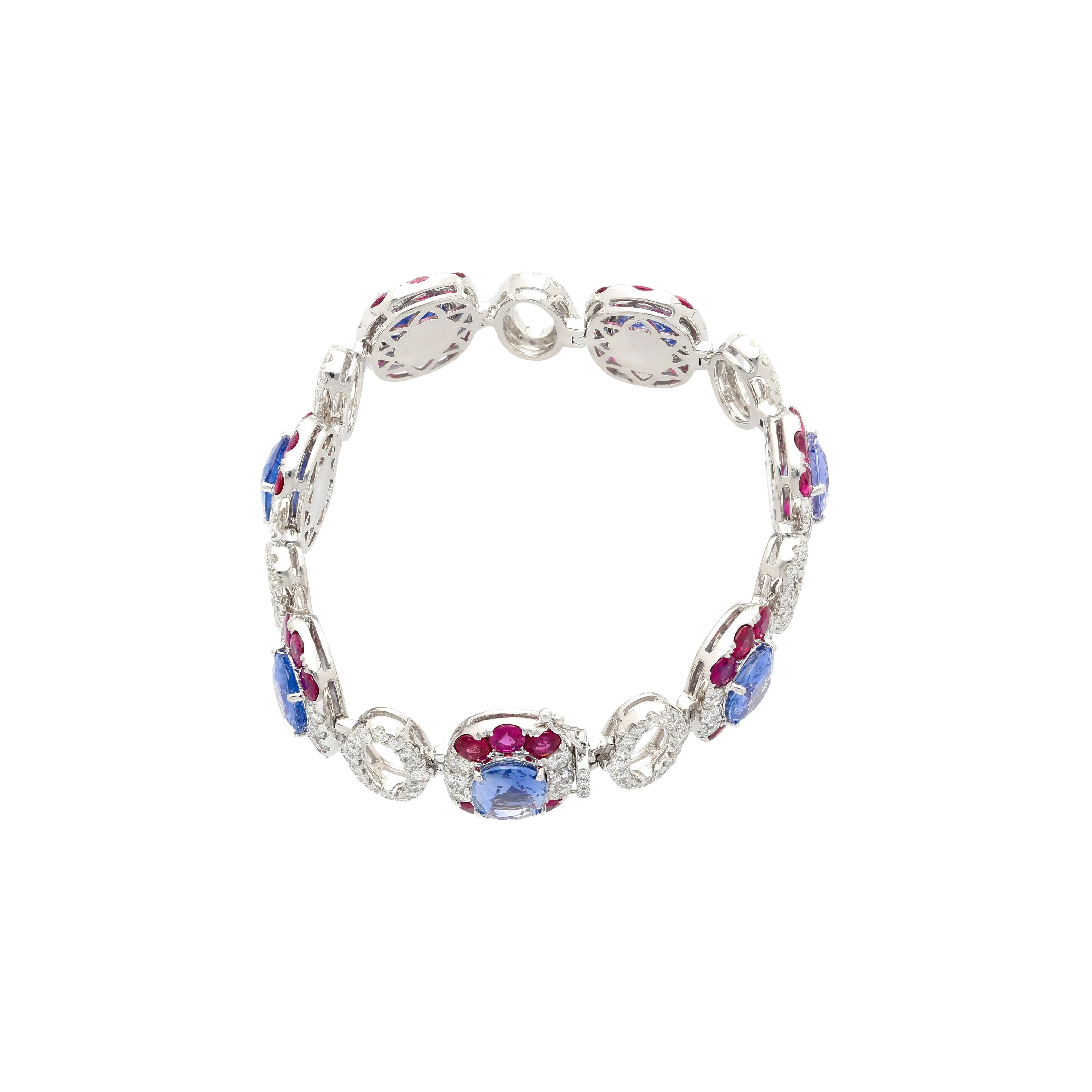 GRS Certified 41.17 CTTW Sri Lanka No Heat Blue Sapphire Bracelet with Diamond & Ruby in 18K White Gold