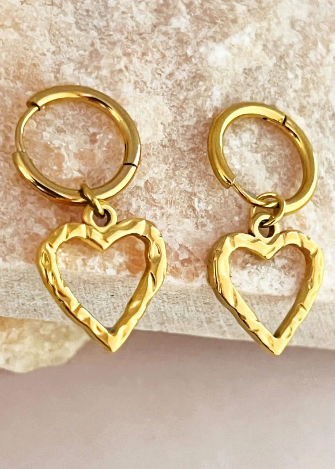 Hammerd Stainless Steel Heart Gold Plate Drop Hoop Earrings