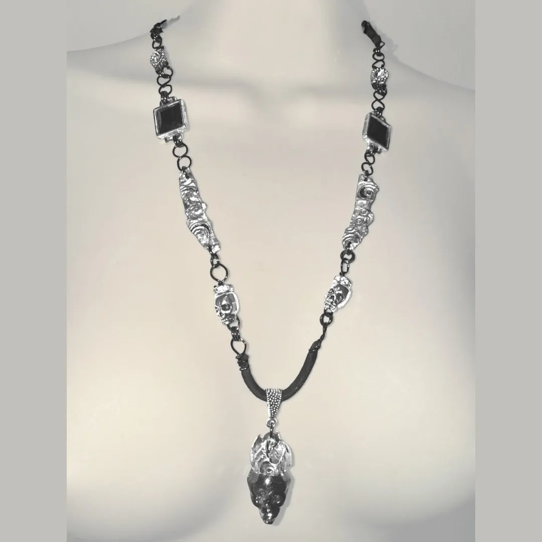 Hand Crafted Crystal Skull Pendant Silver W Black Onyx & Silver Blend Metalwork