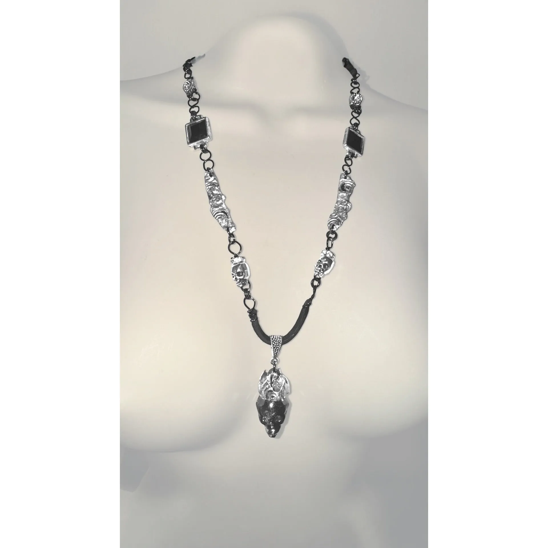 Hand Crafted Crystal Skull Pendant Silver W Black Onyx & Silver Blend Metalwork