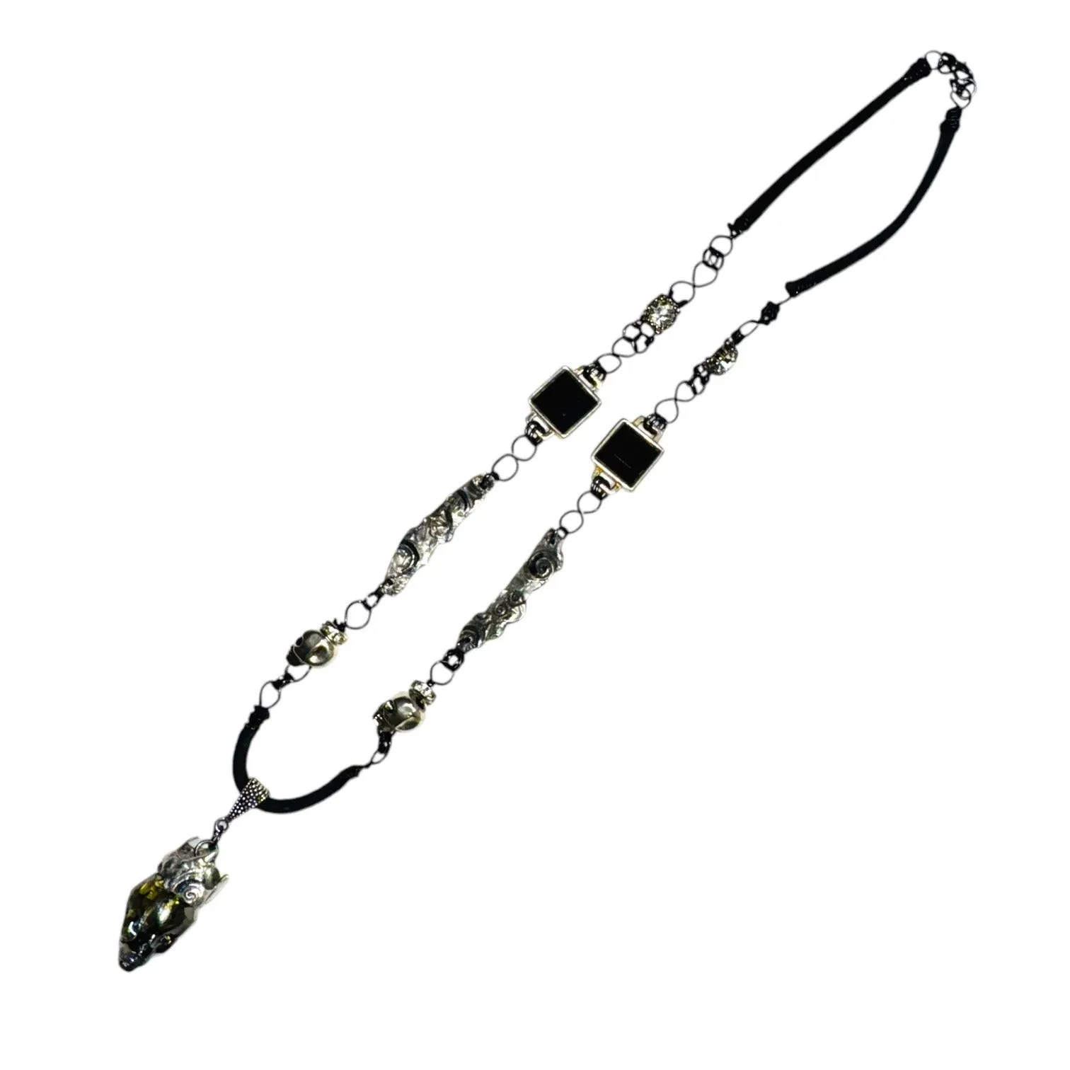 Hand Crafted Crystal Skull Pendant Silver W Black Onyx & Silver Blend Metalwork